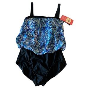 Blue and Black One Piece Swimwear with Blouson Top